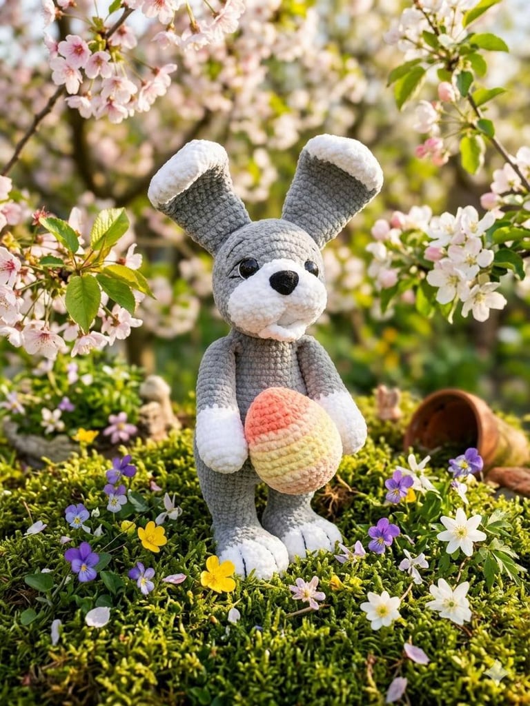 Crocheted gray bunny with colorful egg surrounded by blooming spring flowers and greenery
