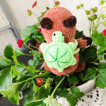 Brown knitted turtle plush toy with green shell sitting among potted strawberry plants with red flowers and green foliage